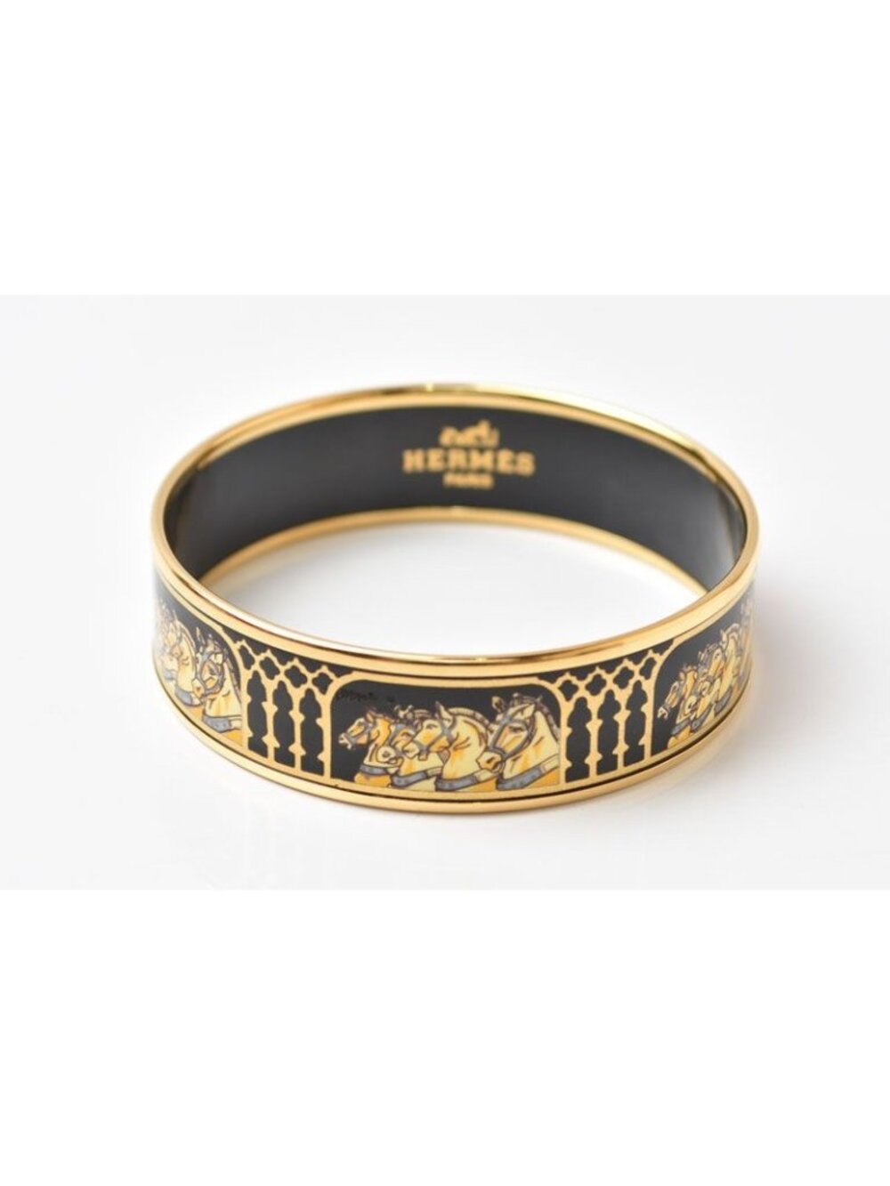 Hermes Bangle Bracelet Enamel GM Black Gold Horse Motif
